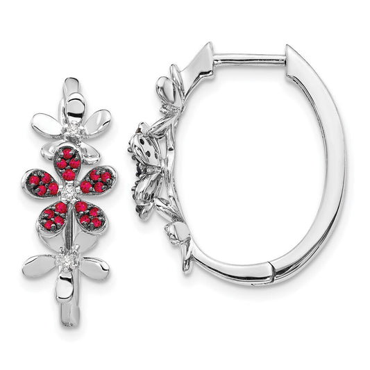 14k White Gold Diamond and Ruby Hoop Earrings