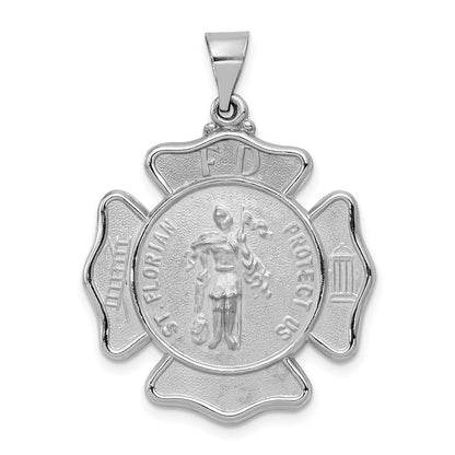 14k White Gold Polish Satin St Florian Badge Medal Hollow Pendant