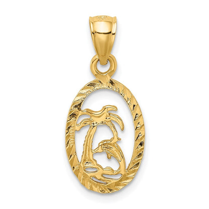 14k Yellow Gold Dolphin and Palm Tree Pendant for Women