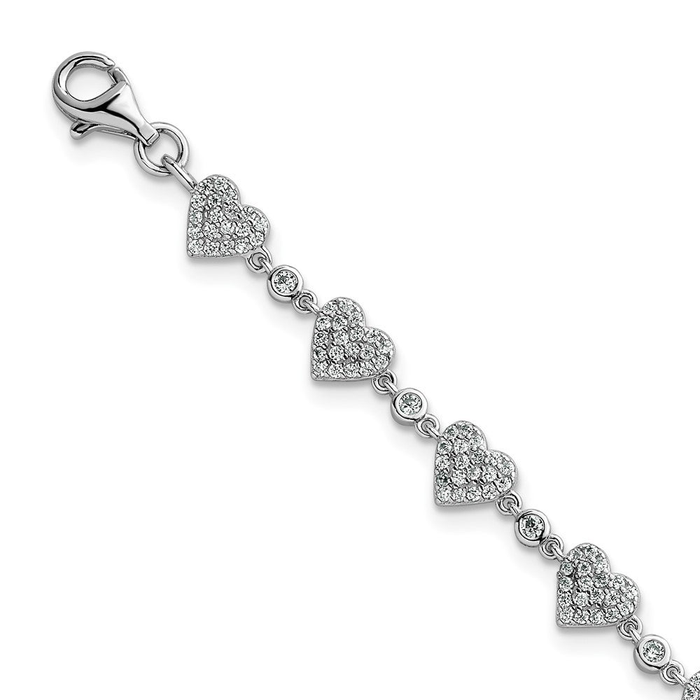 Sterling Silver Rhodium-plated Polished Pave CZ Hearts 7" with 1" Ext Bracelet