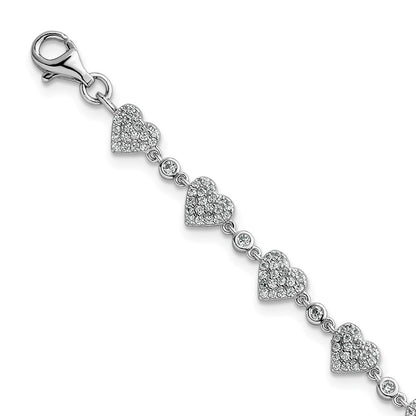 Sterling Silver Rhodium-plated Polished Pave CZ Hearts 7" with 1" Ext Bracelet