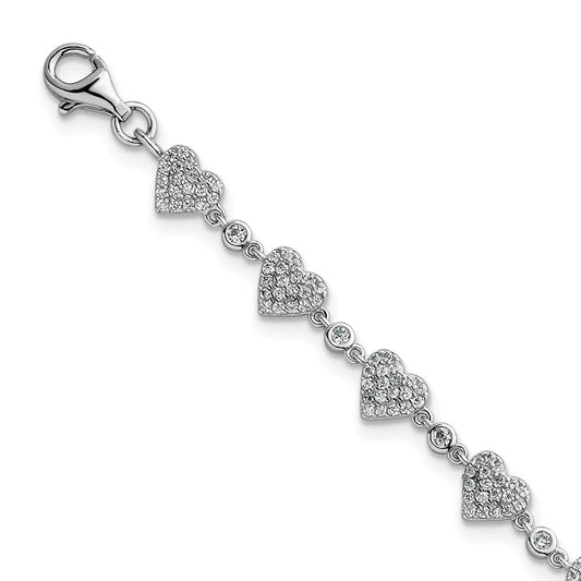 Sterling Silver Rhodium-plated Polished Pave CZ Hearts 7" with 1" Ext Bracelet