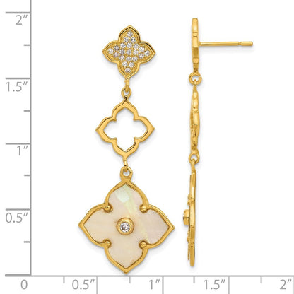 Sterling Silver Gold-tone Polished MOP & Cubic Zirconia Floral Dangle Earrings