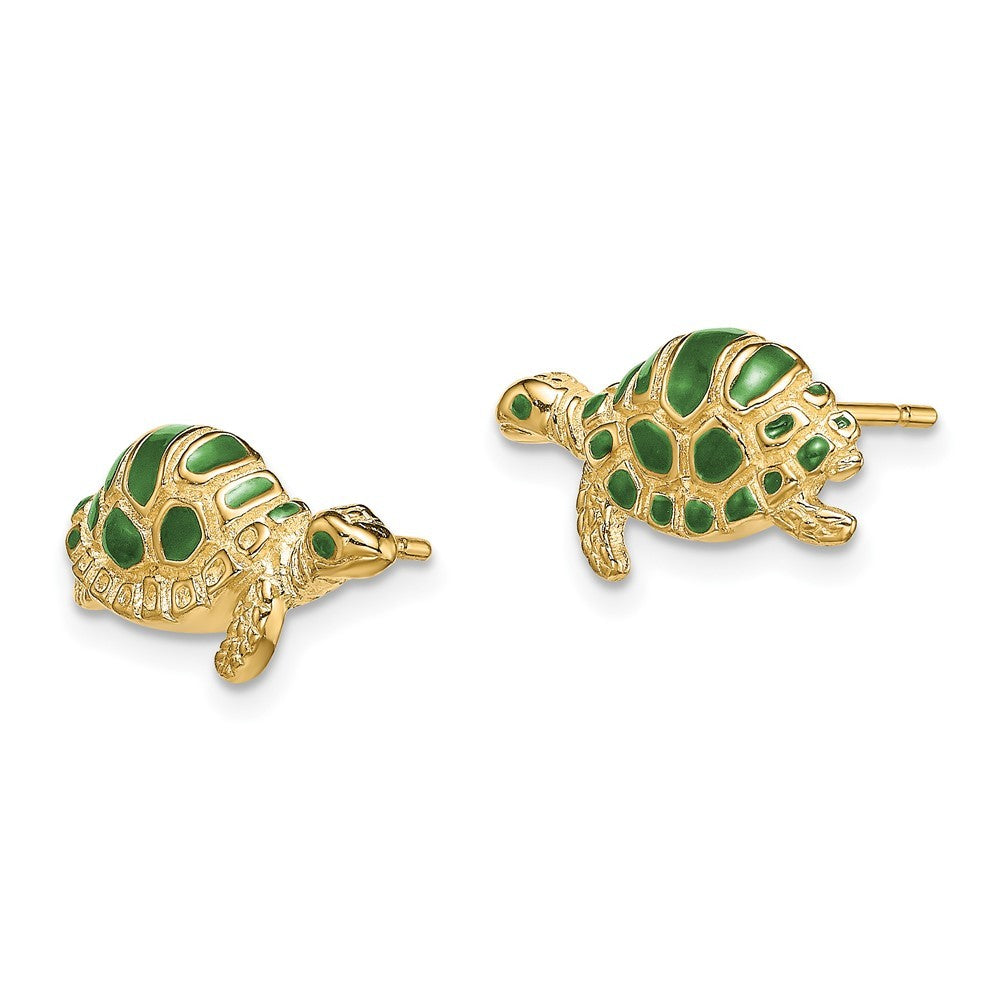 14k Yellow Gold Green Enamel Turtle Earrings