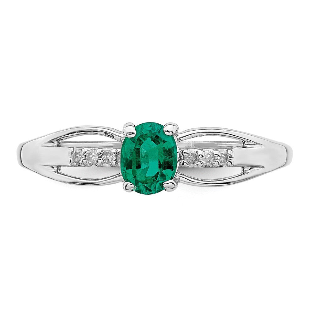 Sterling Silver Rhod-plated Diamond Created Emerald Ring Size 7