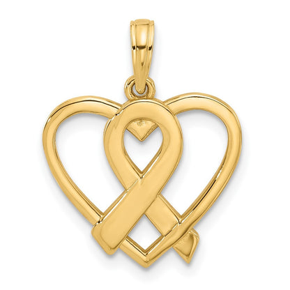 14k Yellow Gold Polished Awareness Ribbon and Heart Charm Pendant for Women