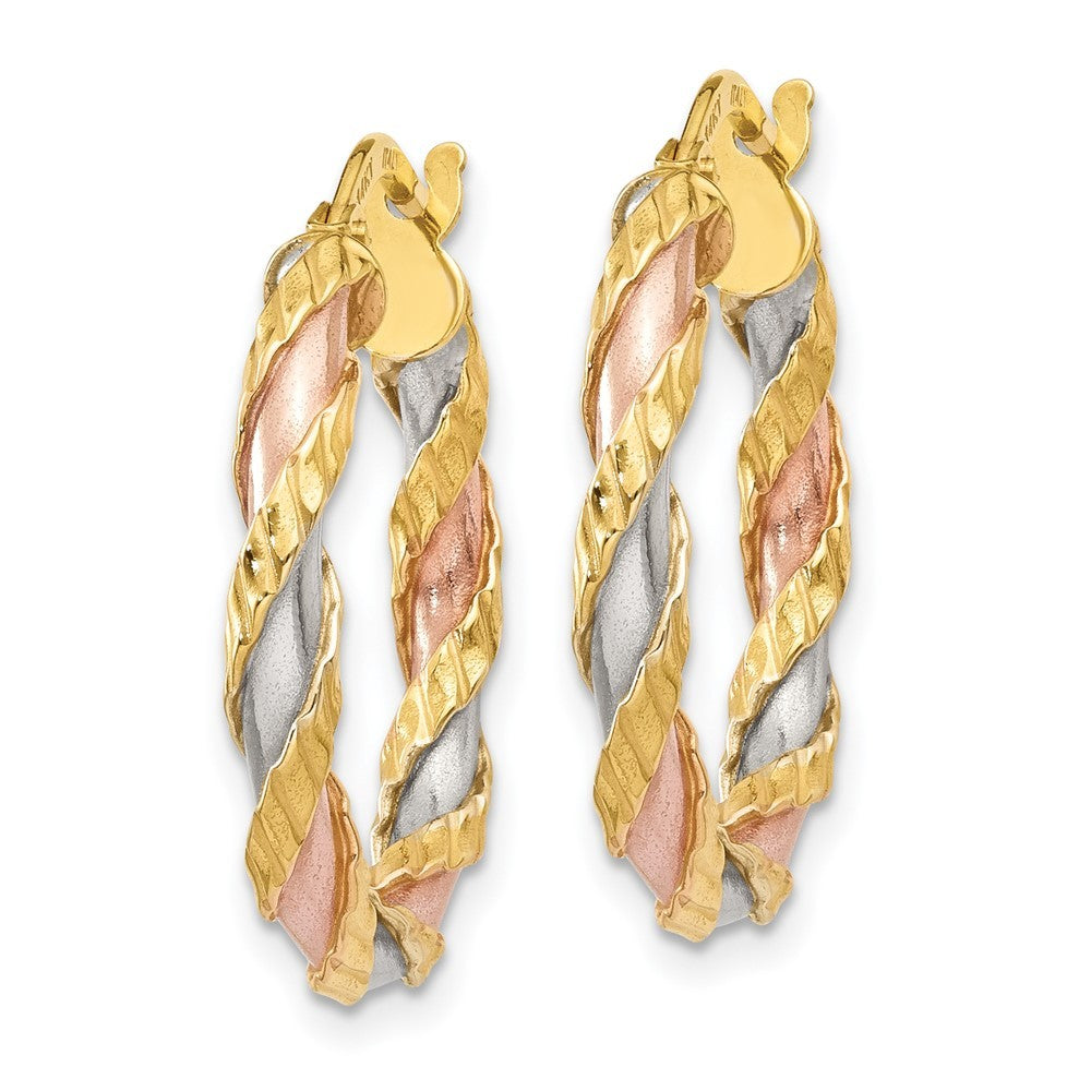 14k Yellow Gold with White & Rose Rhodium Textured Twisted Hoop Earrings