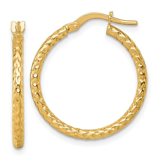14k Yellow Gold Polished Diamond-cut Textured 2.00 x 23mm Tube Hoop Earrings