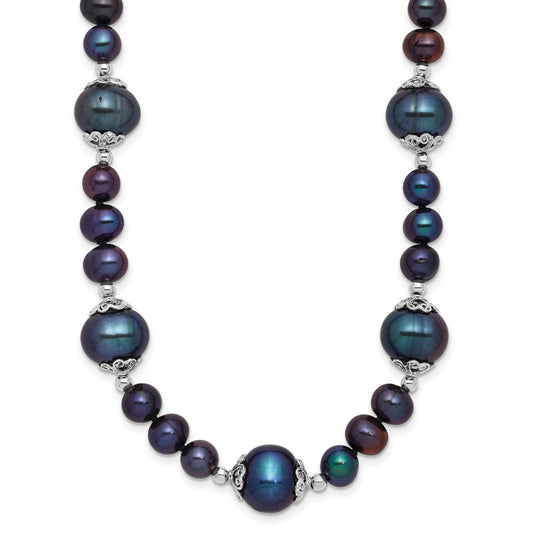 Sterling Silver 6-9mm Black Near Round Cultured Pearl 5-station Necklace 18"