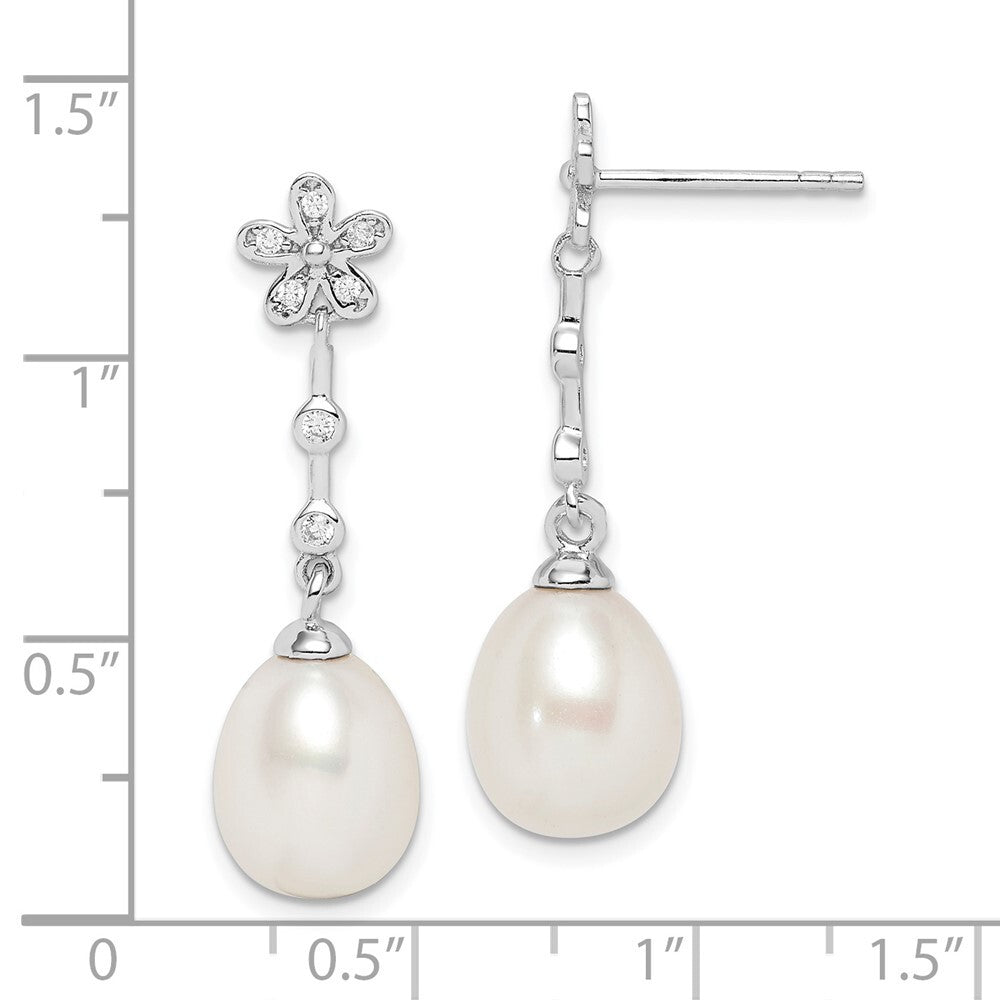 Sterling Silver 9mm Rice Cultured Pearl & Cubic Zirconia Flower Dangle Earrings