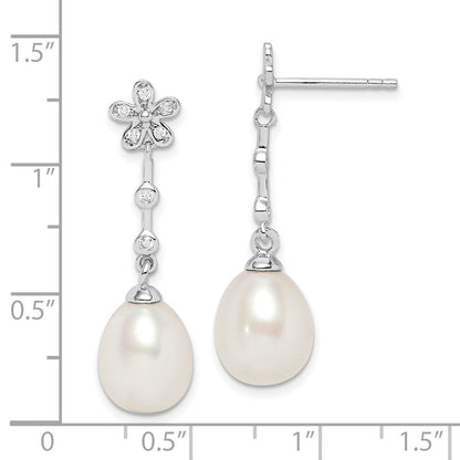 Sterling Silver 9mm Rice Cultured Pearl & Cubic Zirconia Flower Dangle Earrings