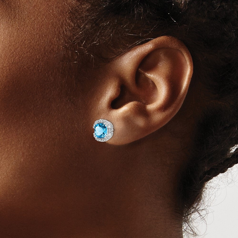 14k White Gold Cushion Blue Topaz and Diamond Halo Stud Earrings