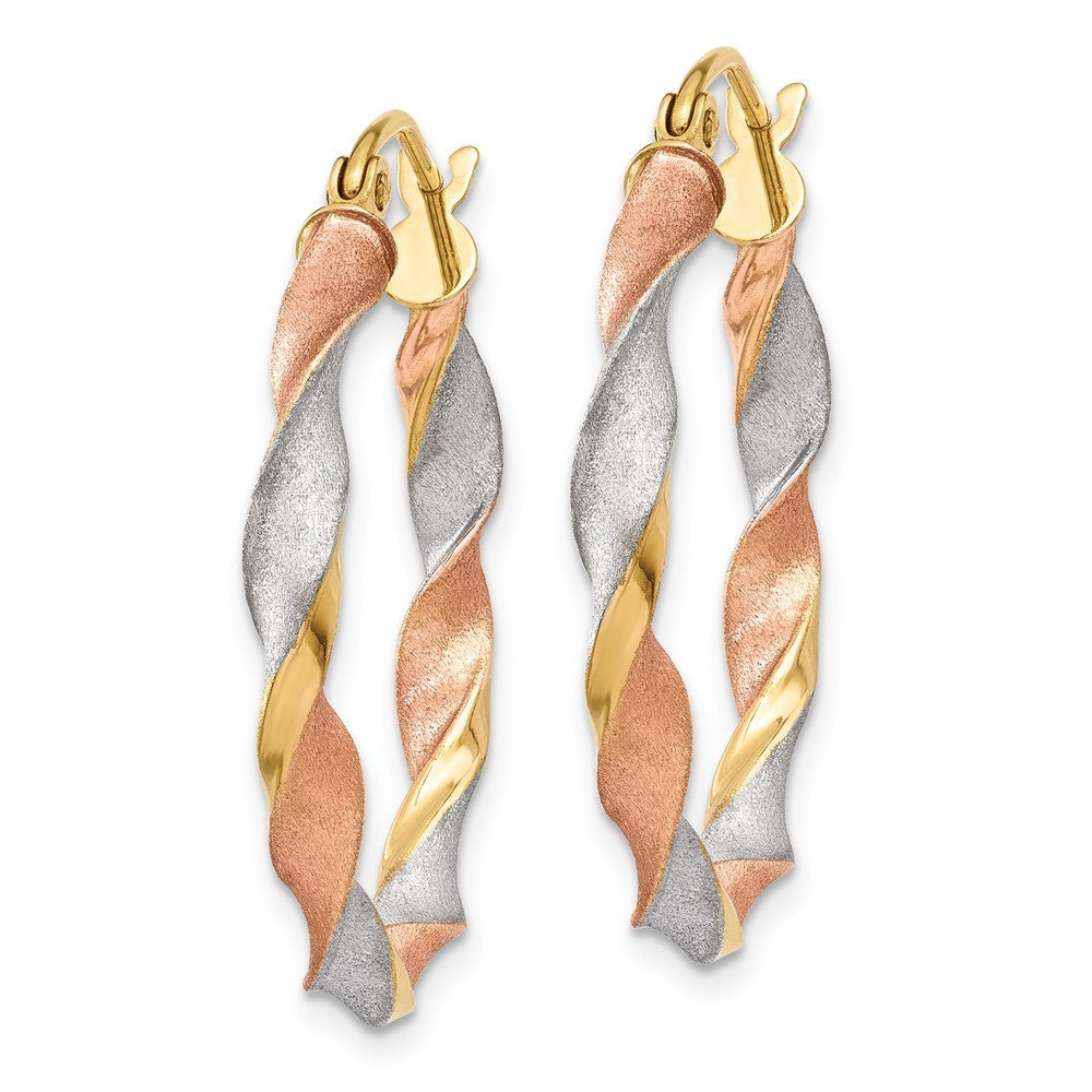 14k Yellow Gold White & Rose Rhodium Satin Twisted Hoop Earrings