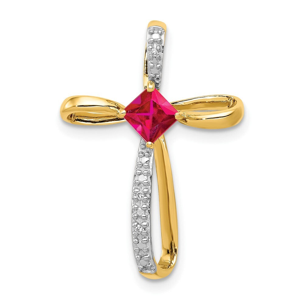 14k Yellow Gold and Rhodium Lab Created Ruby and Diamond Cross Slide Pendant