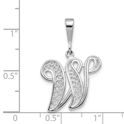 14k White Gold Solid Polished Script Filigree Letter W Initial Pendant for Women