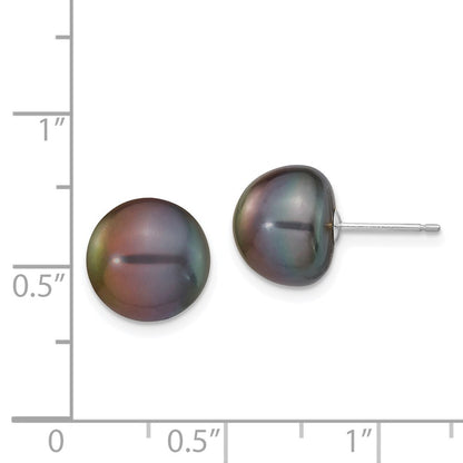 14k White Gold 10-11mm Black Button Freshwater Cultured Pearl Stud Earrings