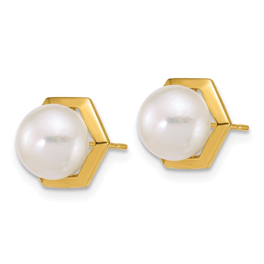14k Yellow Gold 8mm Button Freshwater Cultured Pearl Hexagon Stud Earrings