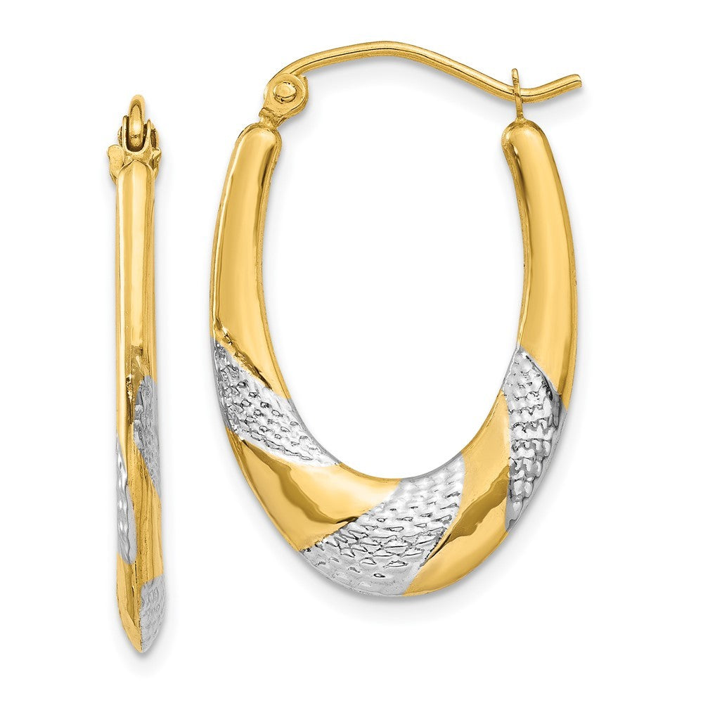 14k Yellow Gold & Rhodium Hollow Oval Hoop Earrings