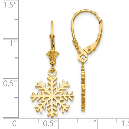 14k Yellow Gold Snowflake Dangle Earrings Leverback Gift for Women