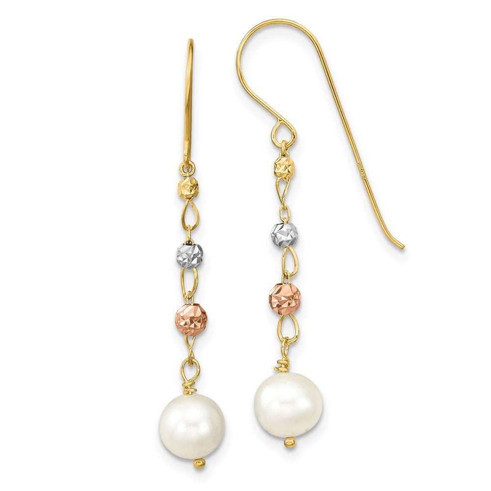 14K Two Tone Diamond-Cut Freshwater Cultured Pearls Dangle Earrings