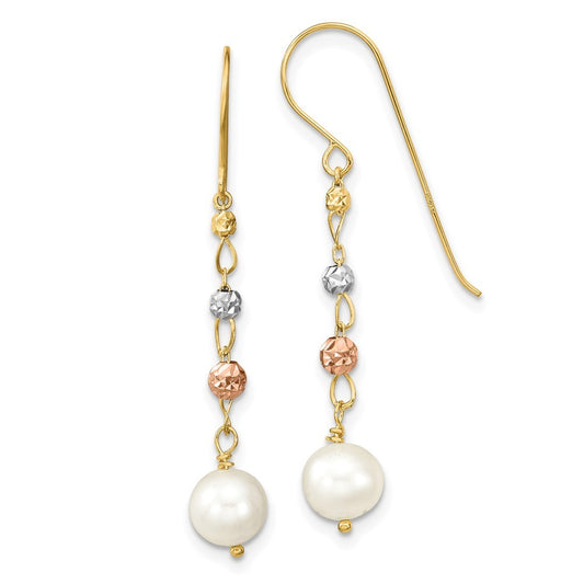 14K Two Tone Diamond-Cut Freshwater Cultured Pearls Dangle Earrings