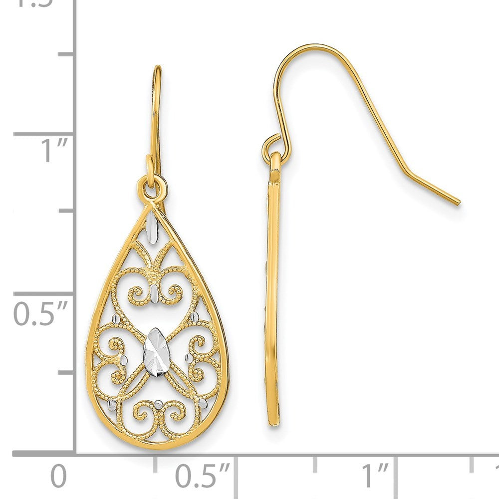 14k Yellow Gold w/Rhodium Diamond-Cut Fancy Dangle Wire Earrings
