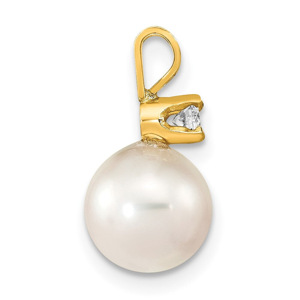 14k Yellow Gold 9mm White Akoya Saltwater Cultured Pearl 1/10ct Diamond Pendant