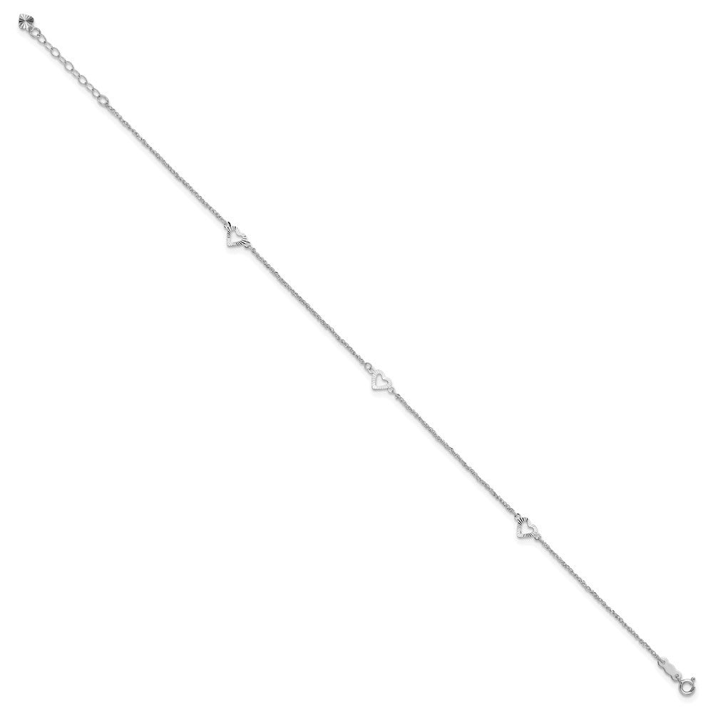 14k White Gold Diamond-cut Hearts 3-Station 10" Anklet