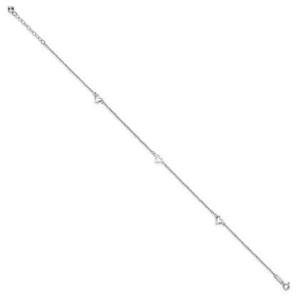 14k White Gold Diamond-cut Hearts 3-Station 10" Anklet