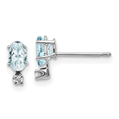 14K White Gold Diamond and Aquamarine Birthstone Stud Earrings Gift for Women