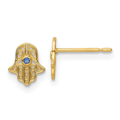 14k Yellow Gold Blue Glass Stone Hamsa Stud Earrings Gift for Women