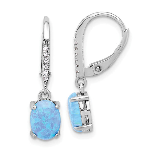 Sterling Silver Cubic Zirconia & Oval Blue Cr. Opal Leverback Dangle Earrings