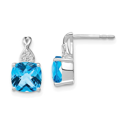14K White Gold Checkerboard Blue Topaz and Diamond Drop & Dangle Earrings