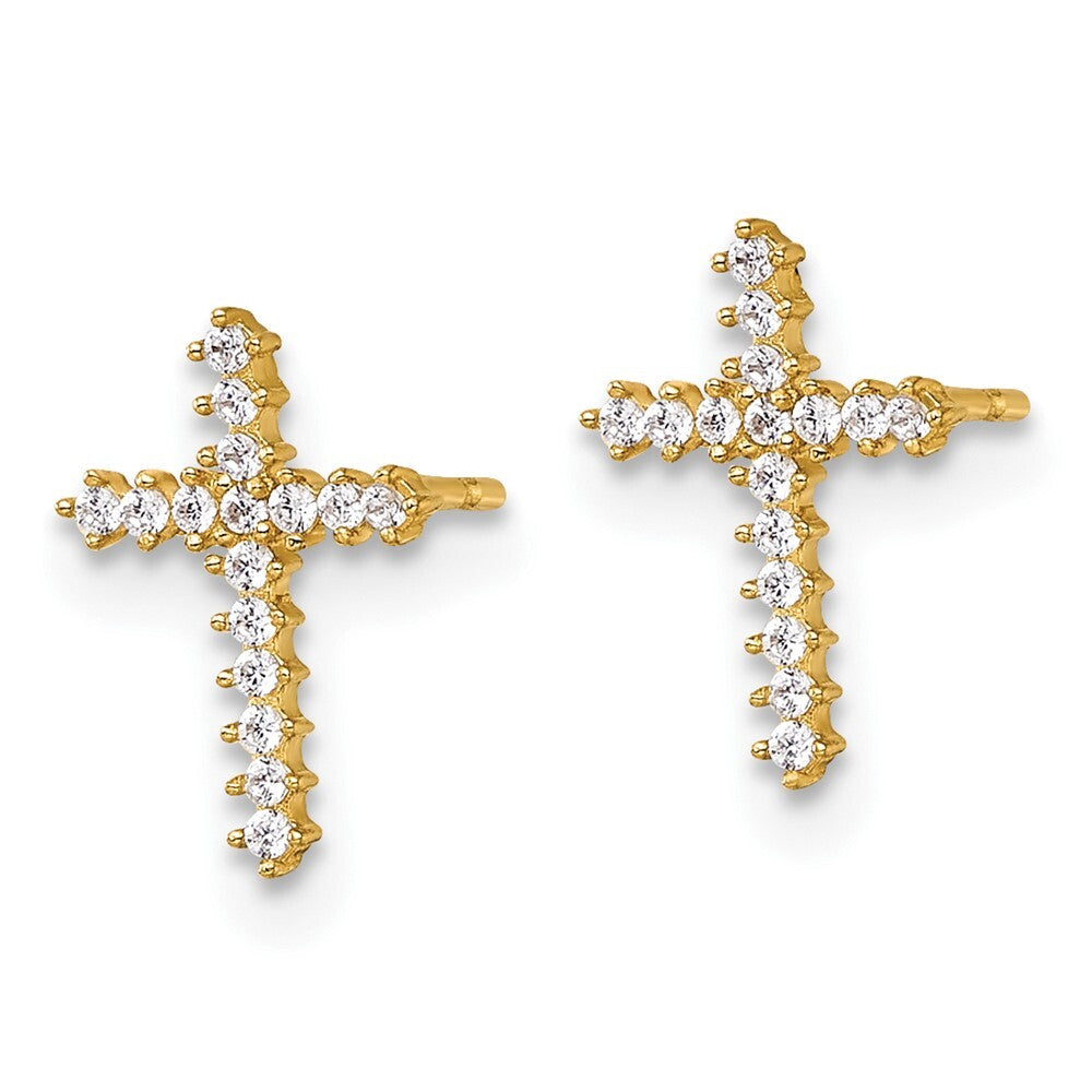 14k Yellow Gold Polished Cubic Zirconia Cross Stud Earrings Gift for Women