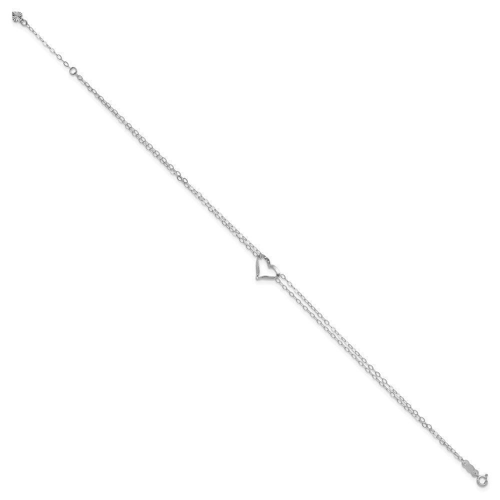 14k White Gold Double Strand Chain Twisted Heart 11" Anklet