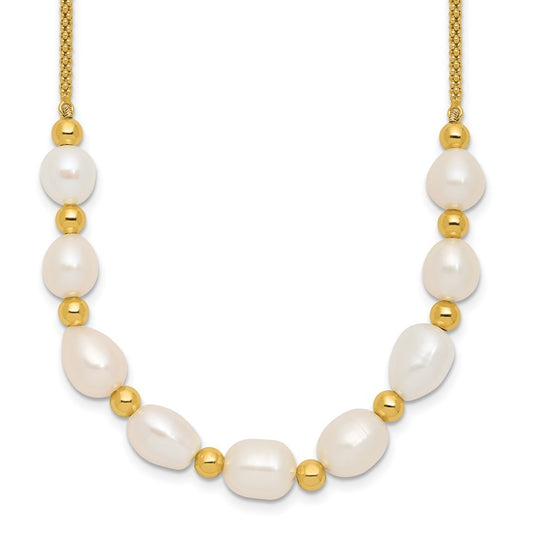 Sterling Silver Gold-tone Polished Beaded 7mm Cultured Rice Pearl Necklace 16+2"