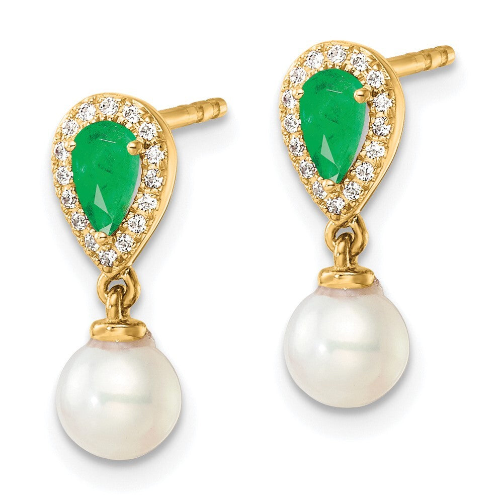 14k Yellow Gold Polished Diamond Pearl and Emerald Dangle Earrings