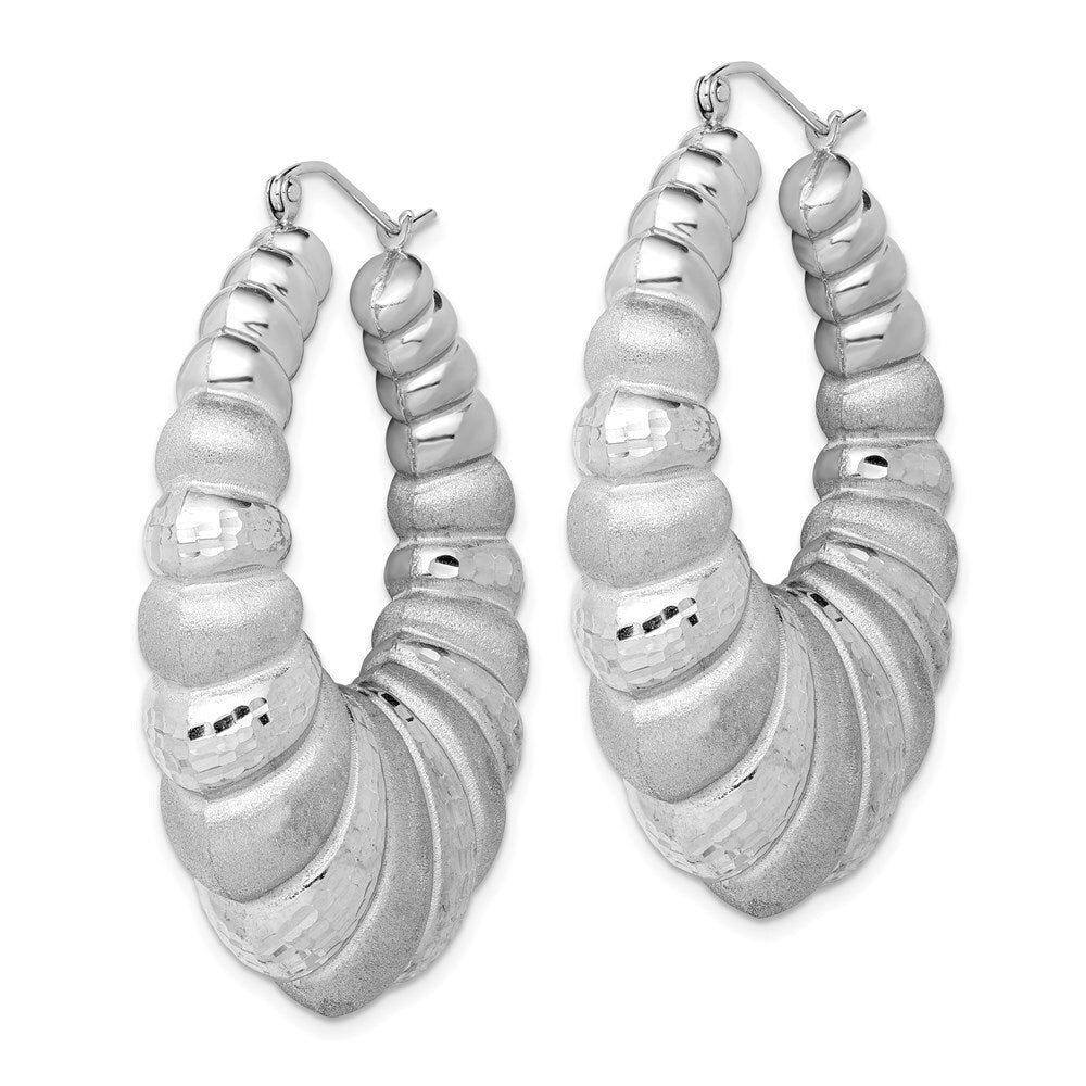 Sterling Silver Rhodium-plated Satin & Diamond-cut Shrimp Oval Hoop Earrings