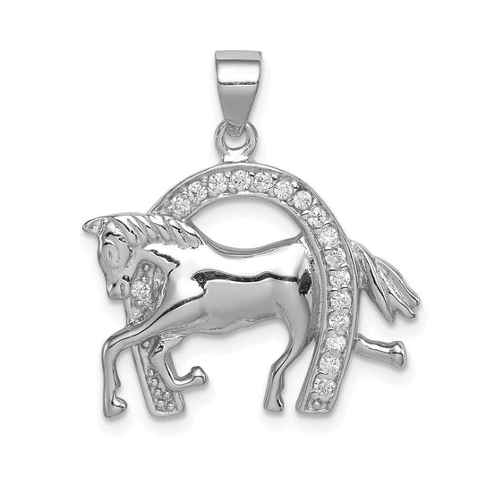 Sterling Silver Rhodium-plated Horse & Horseshoe Cubic Zirconia Pendant