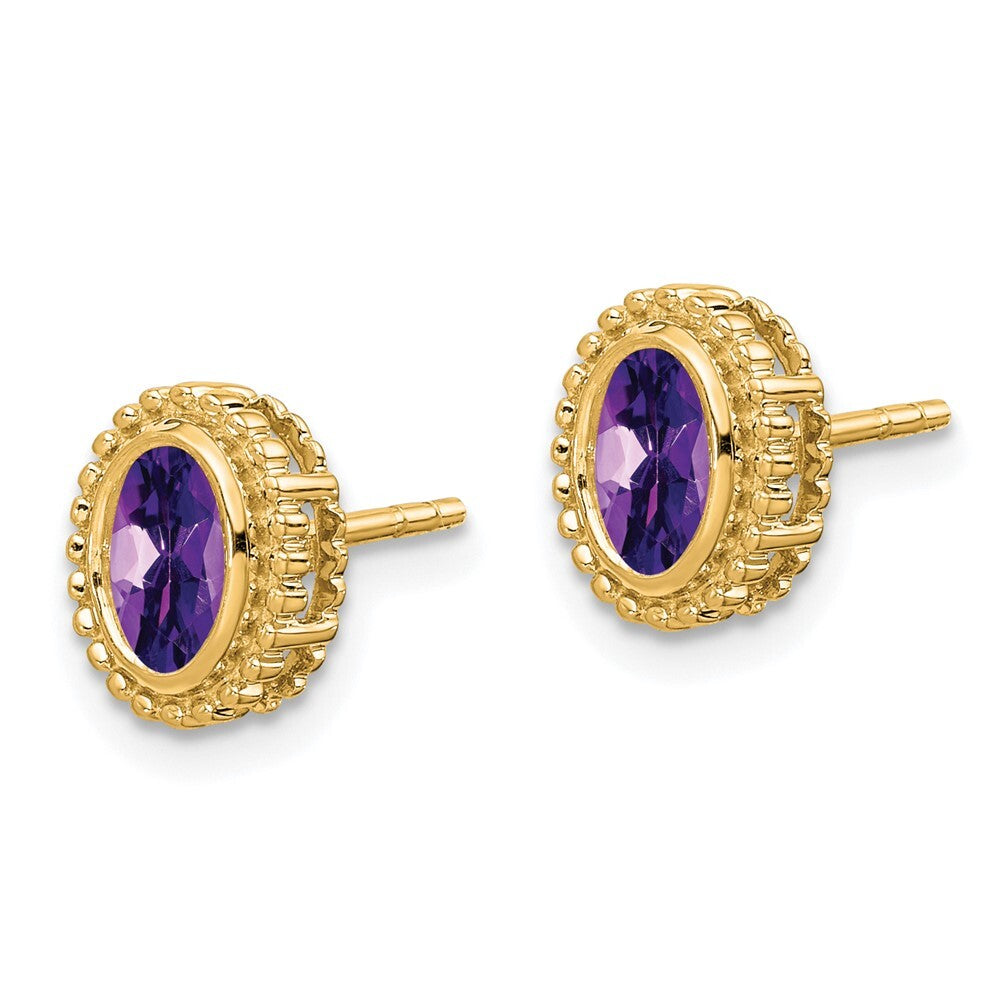 14k Yellow Gold Oval Amethyst Stud Earrings Gift for Women