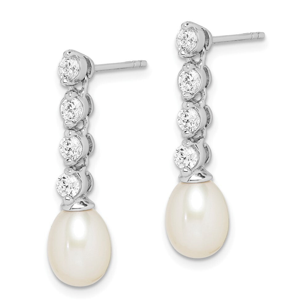 Sterling Silver 7-8mm Rice Cultured Pearl & Cubic Zirconia Post Dangle Earrings