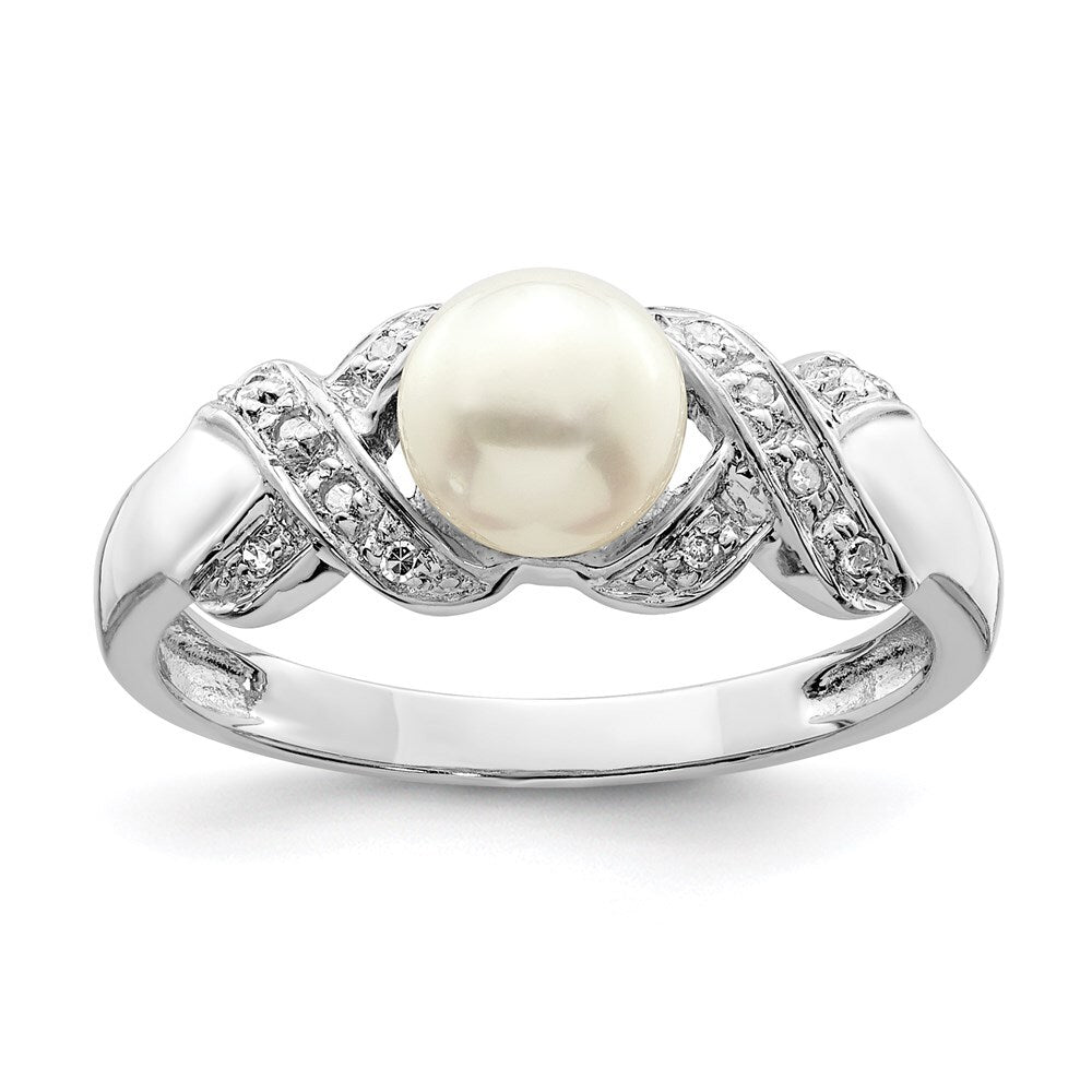 Sterling Silver Rhodium 6mm FW Cultured Button Pearl Ring Size 7