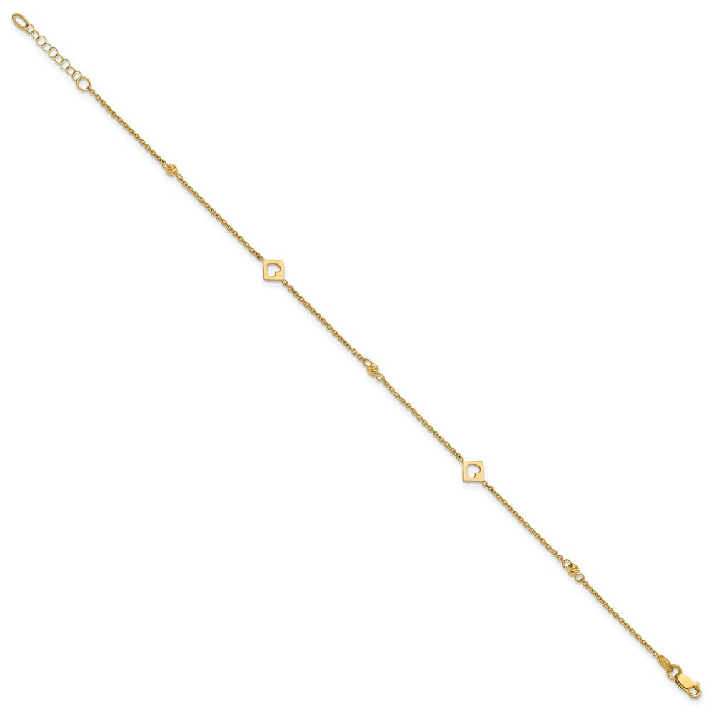 14k Yellow Gold Polished Cut-out Hearts and Diamond-cut Beads 10" Anklet