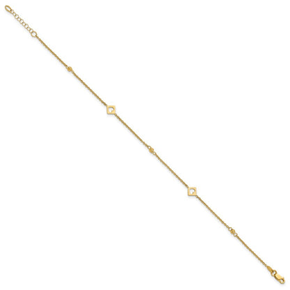 14k Yellow Gold Polished Cut-out Hearts and Diamond-cut Beads 10" Anklet