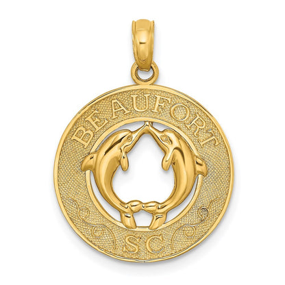 14k Yellow Gold BEAUFORT SC Dolphins Circle Charm Pendant for Women