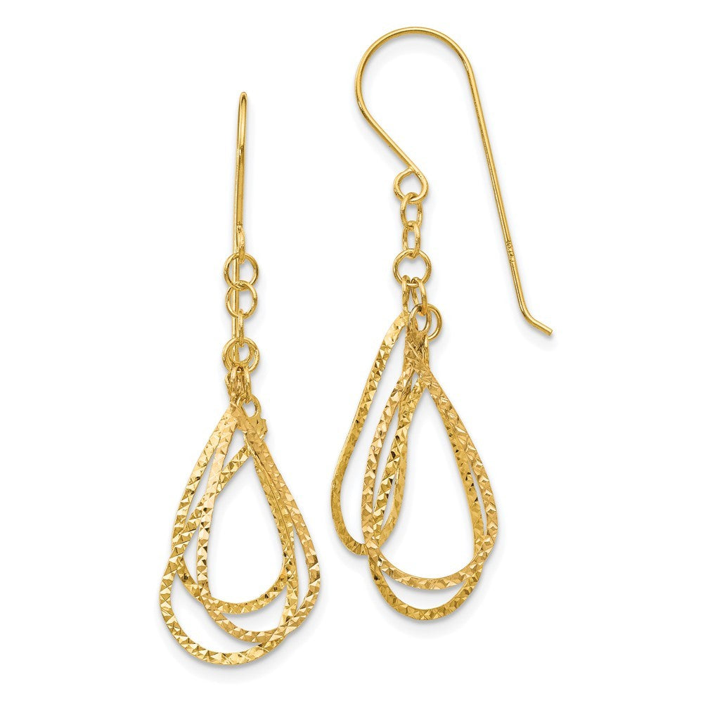 14k Yellow Gold Diamond Cut Tear Drop Drop Dangle Earrings w/ Shepherd Hook