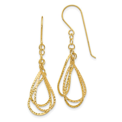 14k Yellow Gold Diamond Cut Tear Drop Drop Dangle Earrings w/ Shepherd Hook