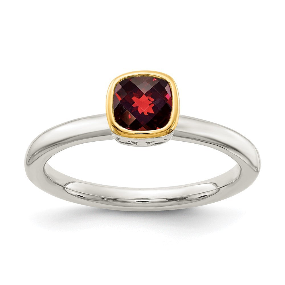 Sterling Silver Rhodium-plated with 14K Accent Polished Cushion-cut Garnet Ring