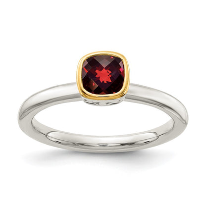 Sterling Silver Rhodium-plated with 14K Accent Polished Cushion-cut Garnet Ring