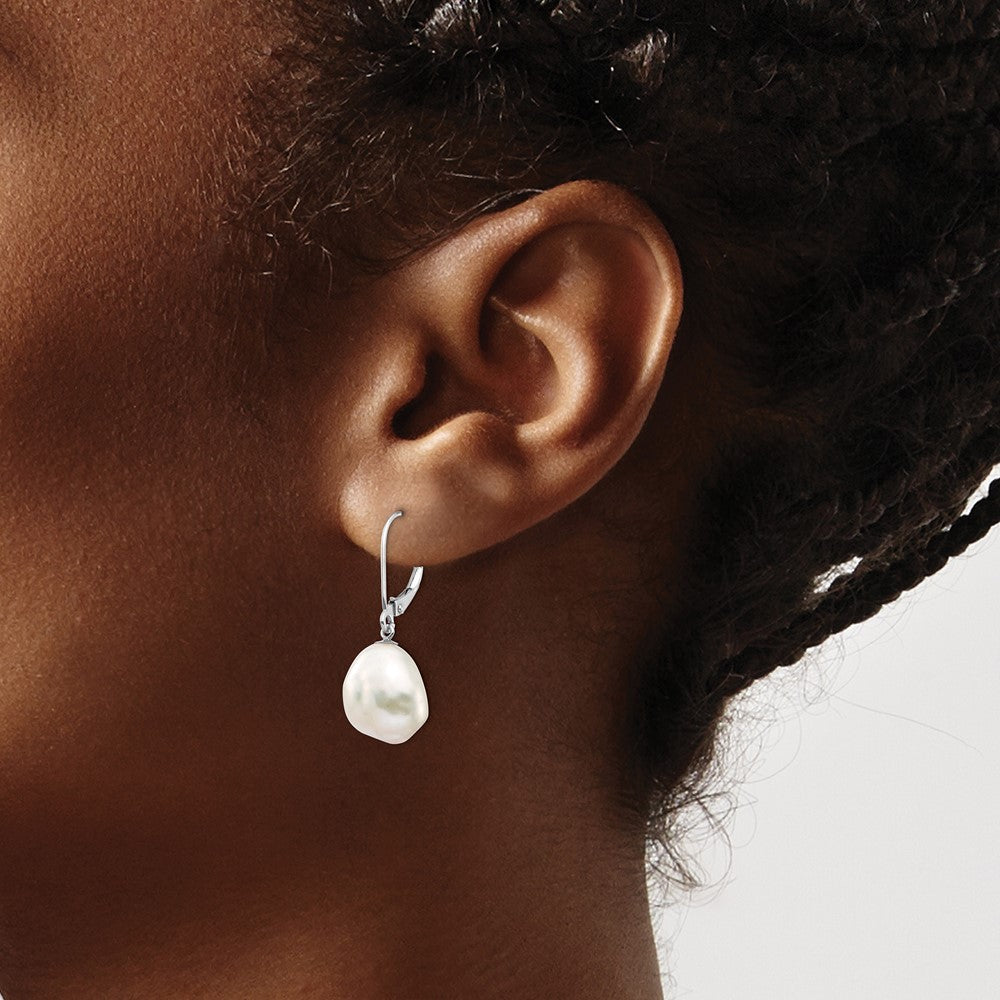 14k White Gold 10x13mm White Keshi Freshwater Cultured Pearl Dangle Earrings